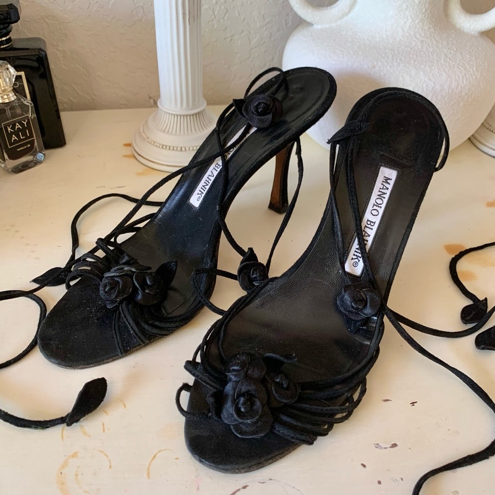 Manolo Blahnik Black Heels with Floral Detail